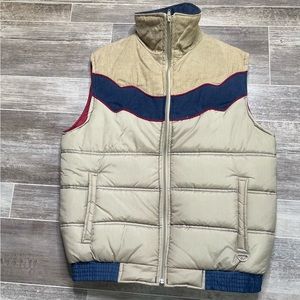 Vintage Corduroy Puffer Vest 80s Tan Navy Blue Hidden Valley